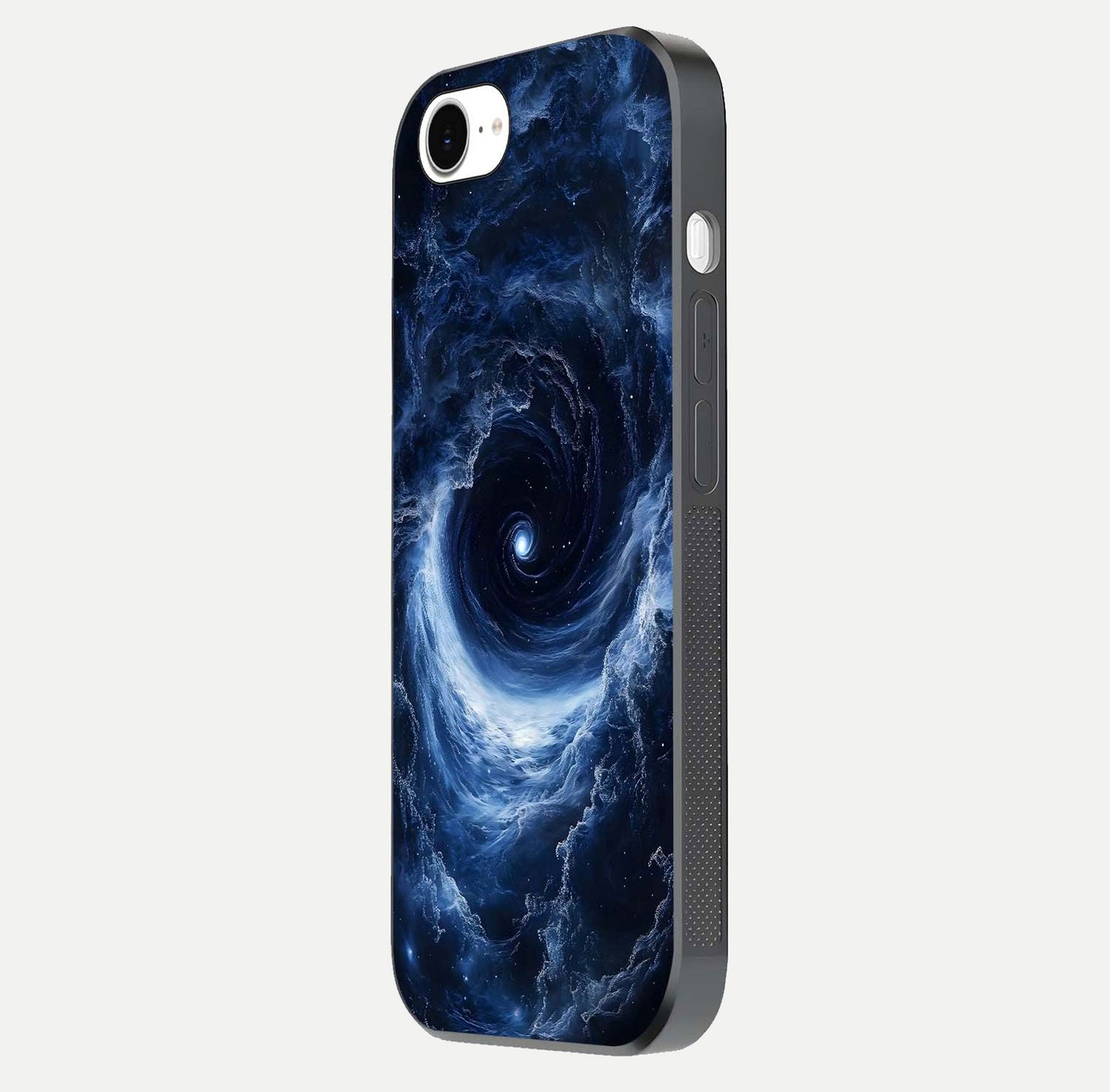 Stunning Galaxy Glass Case for iPhone 16e side-angle image showing glossy reflection and space detailing