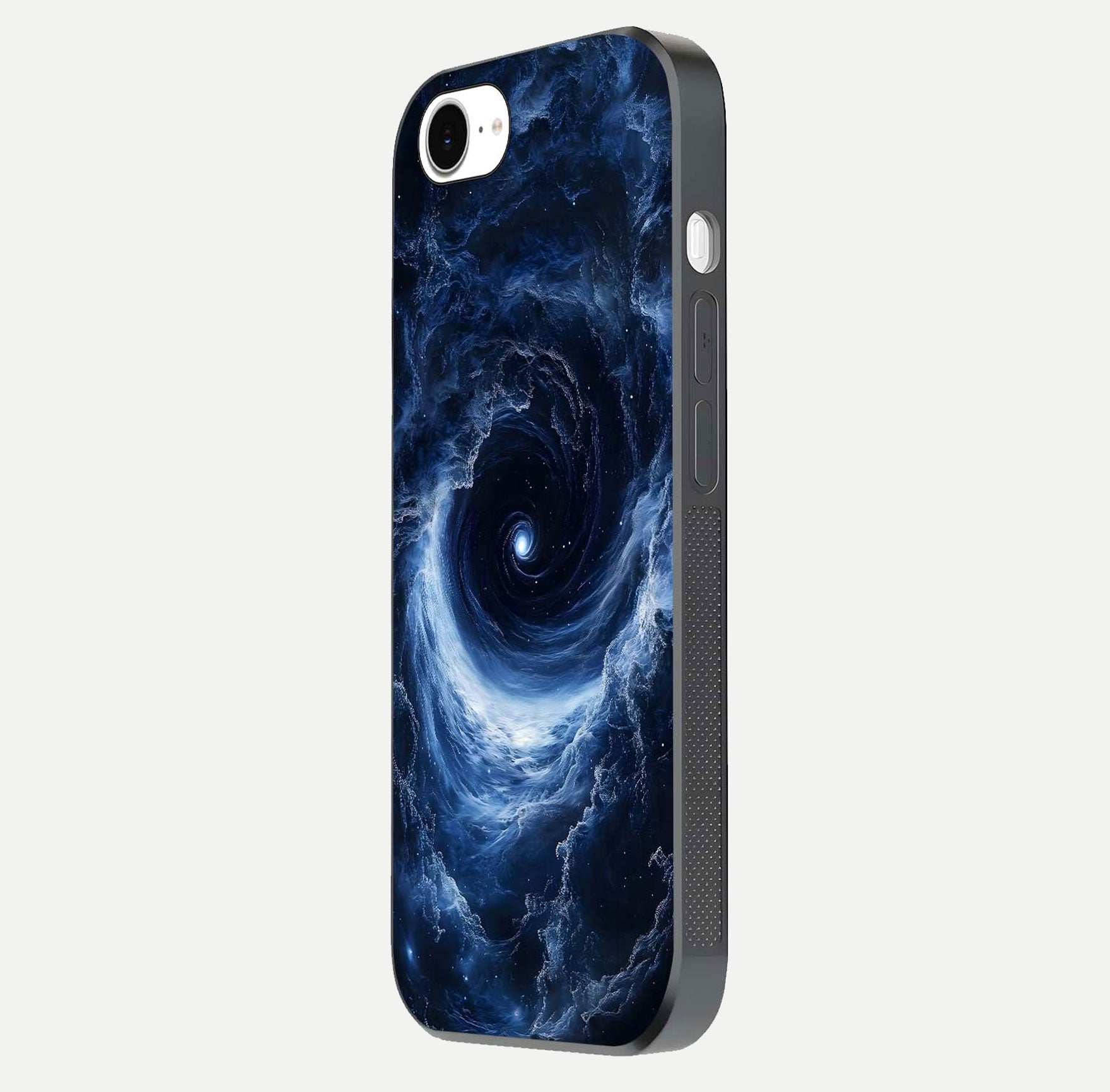 Stunning Galaxy Glass Case for iPhone 16e side-angle image showing glossy reflection and space detailing