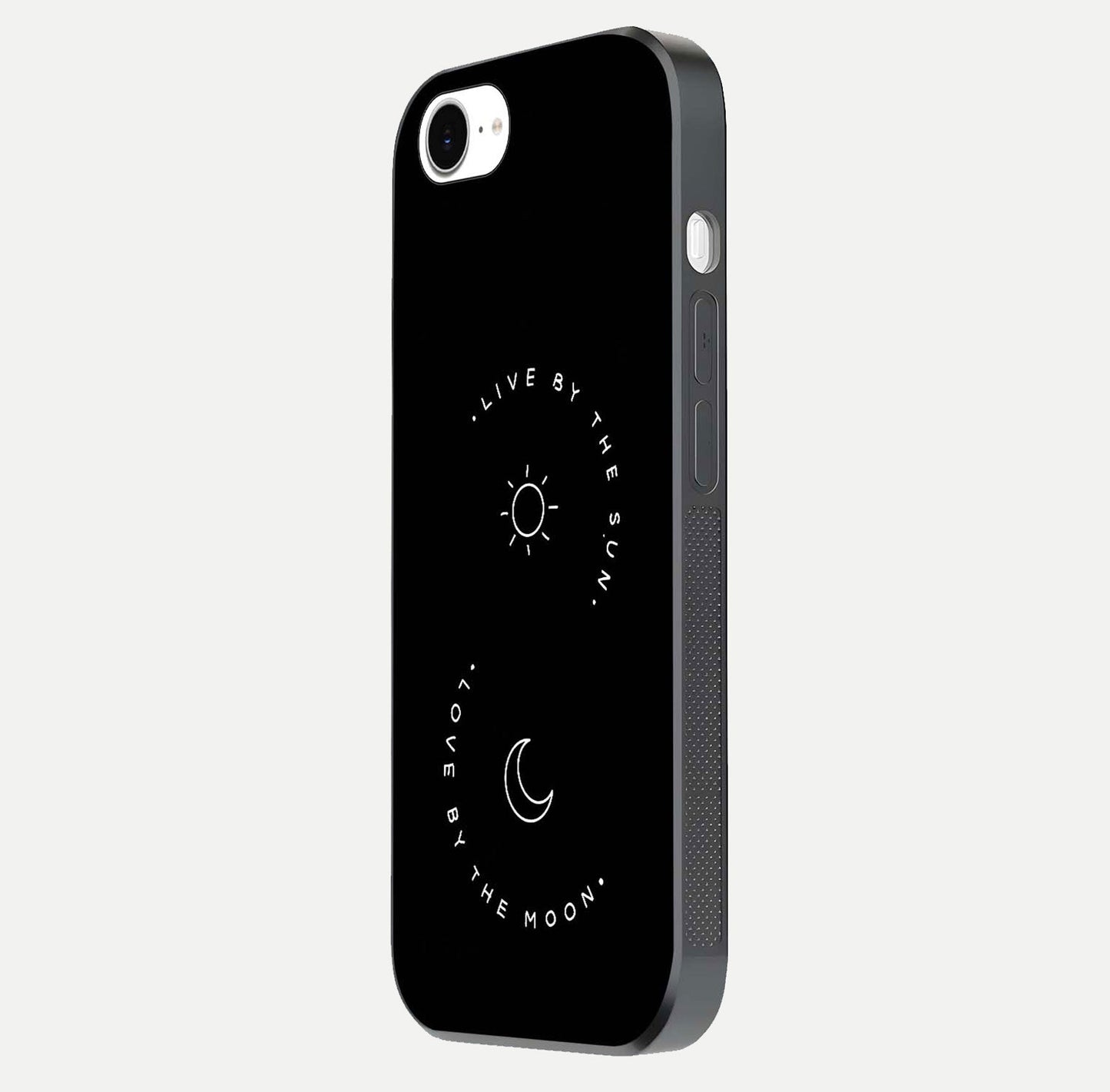 Sun Moon Balance Glass Case for iPhone 16e side-angle image showing reflection and celestial detailing
