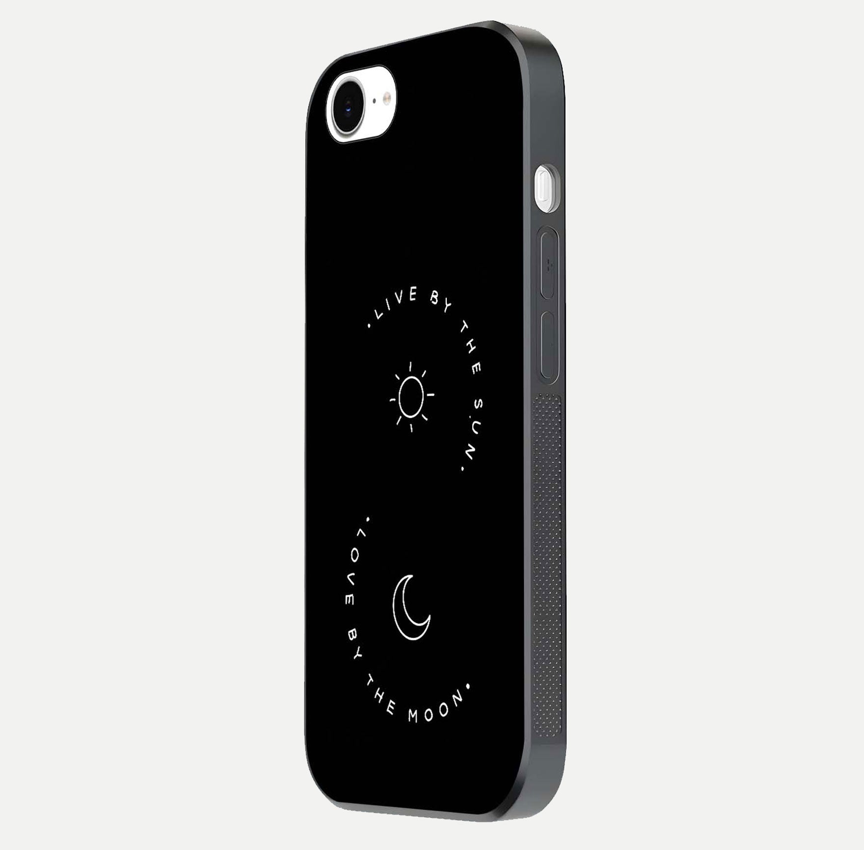 Sun Moon Balance Glass Case for iPhone 16e side-angle image showing reflection and celestial detailing