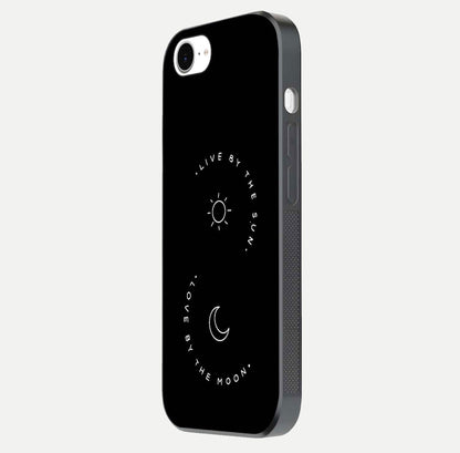 Sun Moon Balance Glass Case for iPhone 16e side-angle image showing reflection and celestial detailing