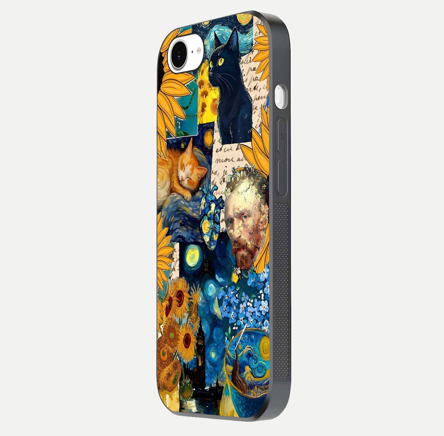 Sunflower Cat Art Glass Case for iPhone 16e side-angle image showing shine, edges, and sunflower texture