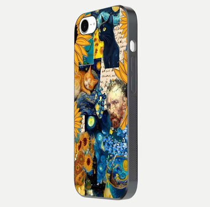 Sunflower Cat Art Glass Case for iPhone 16e side-angle image showing shine, edges, and sunflower texture