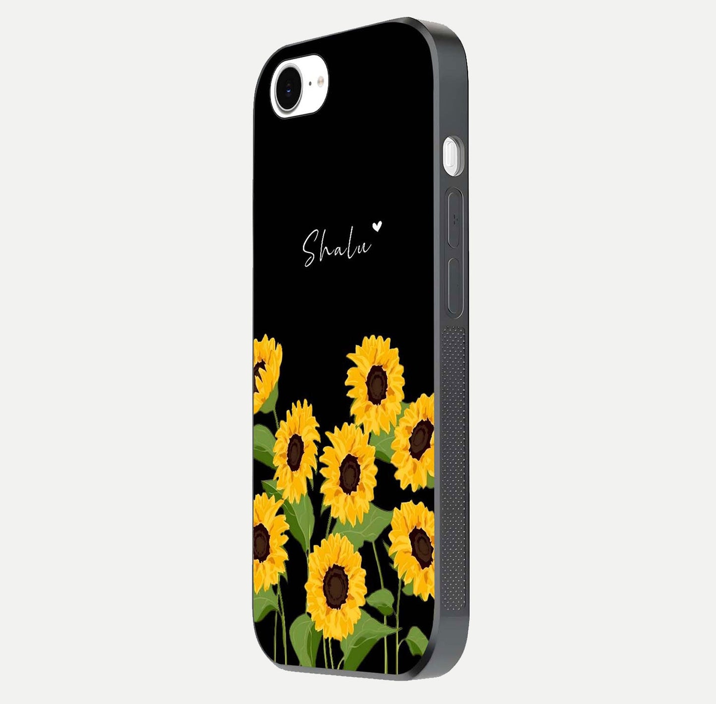 Sunflower Chic Mood Custom Name Glass Case for iPhone 16e side-angle image showing reflection and yellow floral tone