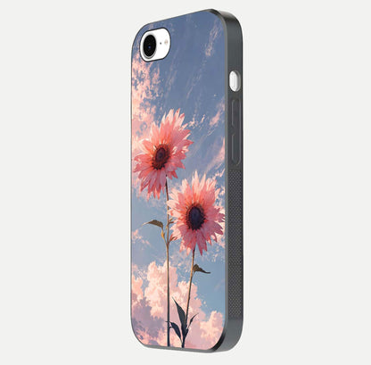 Sunlit Daisy Glow Glass Case for iPhone 16e side-angle image showing shine, gloss, and floral highlight
