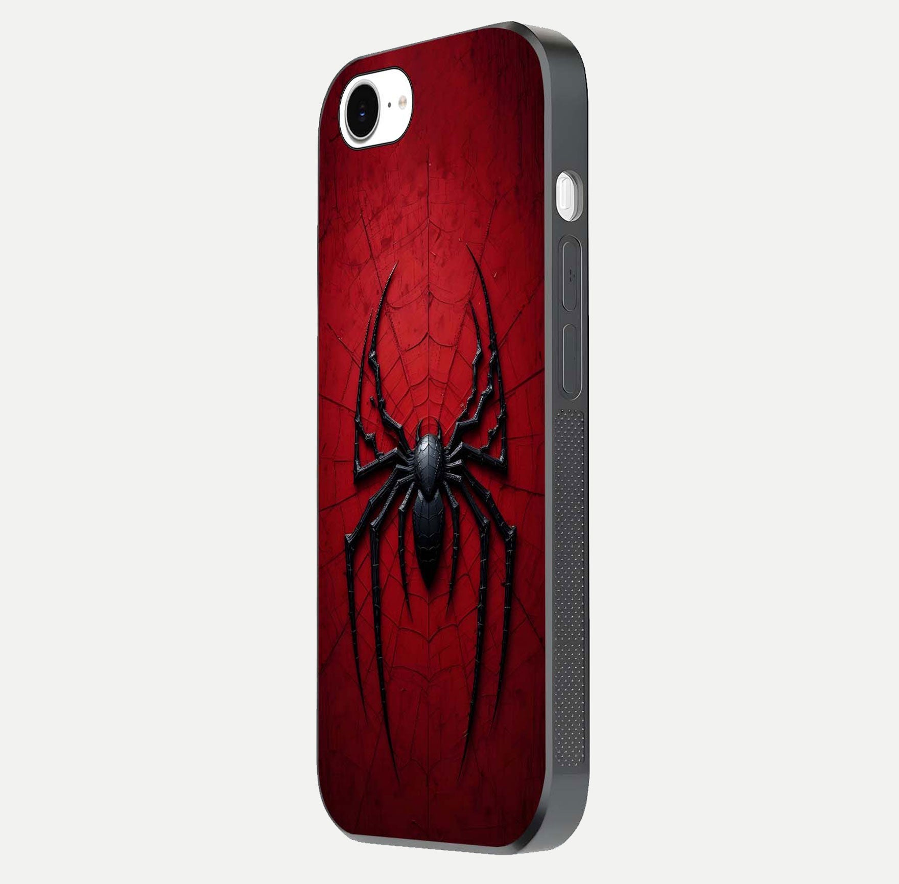 Venom Web Emblem Glass Case for iPhone 16e side-angle image showing reflection and dark color tones