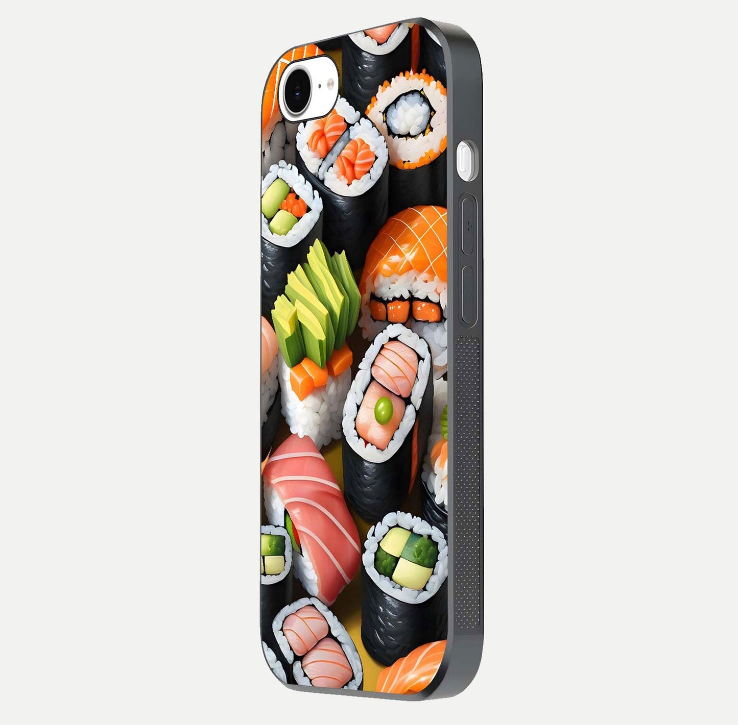 Sushi Food Pattern Glass Case for iPhone 16e side-angle image showing shine, gloss, and sushi artwork
