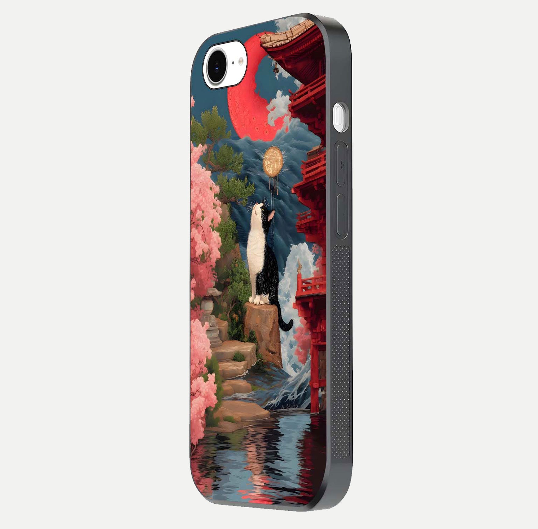 Temple Cat Scenery Glass Case for iPhone 16e side-angle image showing shine and printed temple pattern
