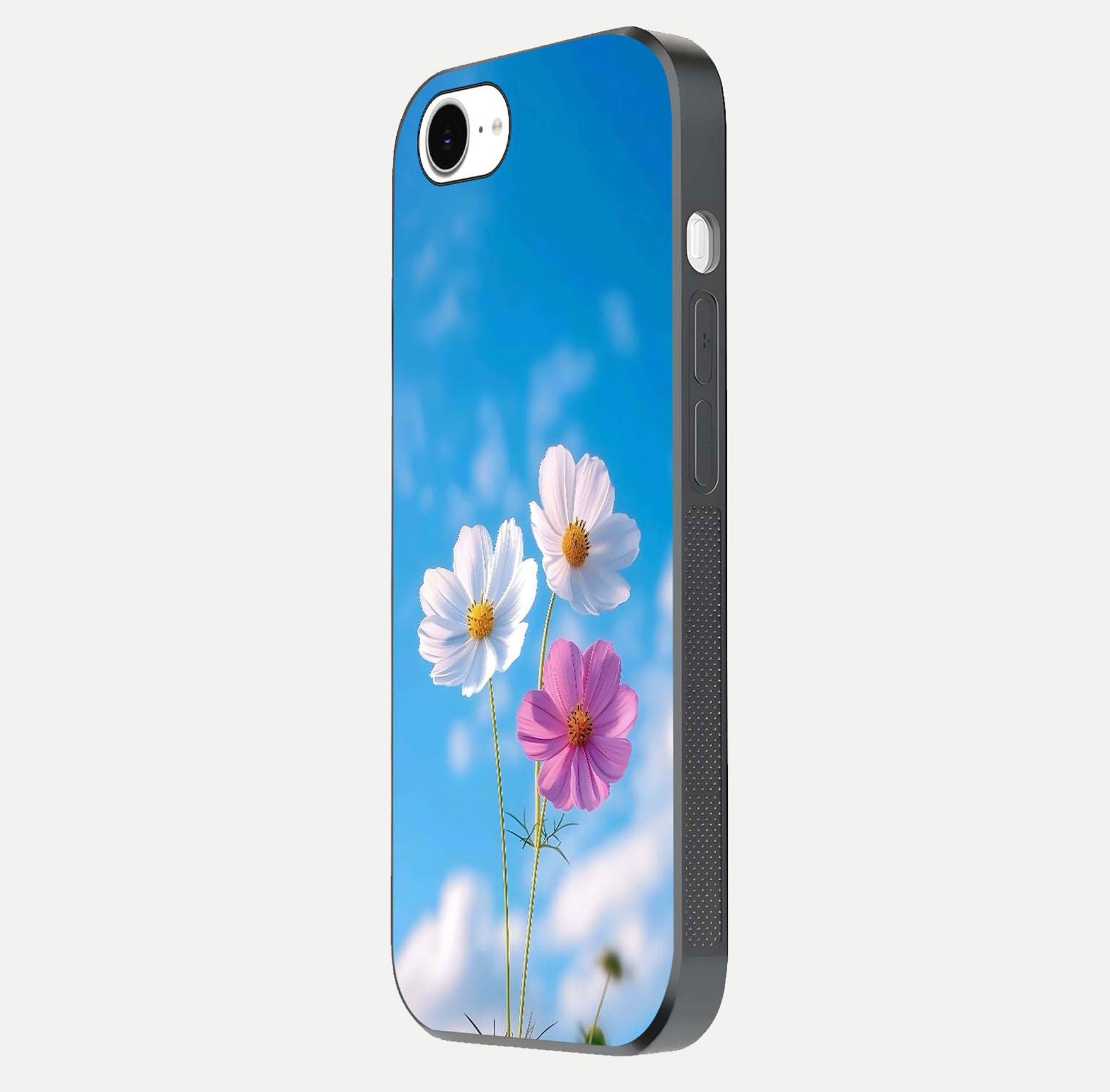 Triple Flowers With Sky Glass Case for iPhone 16e side-angle image showing gloss, texture, and floral design