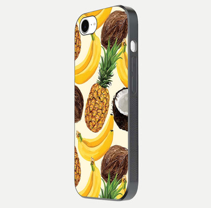 Tropical Fruit Mood Glass Case for iPhone 16e side-angle image showing reflection, gloss, and fruit details