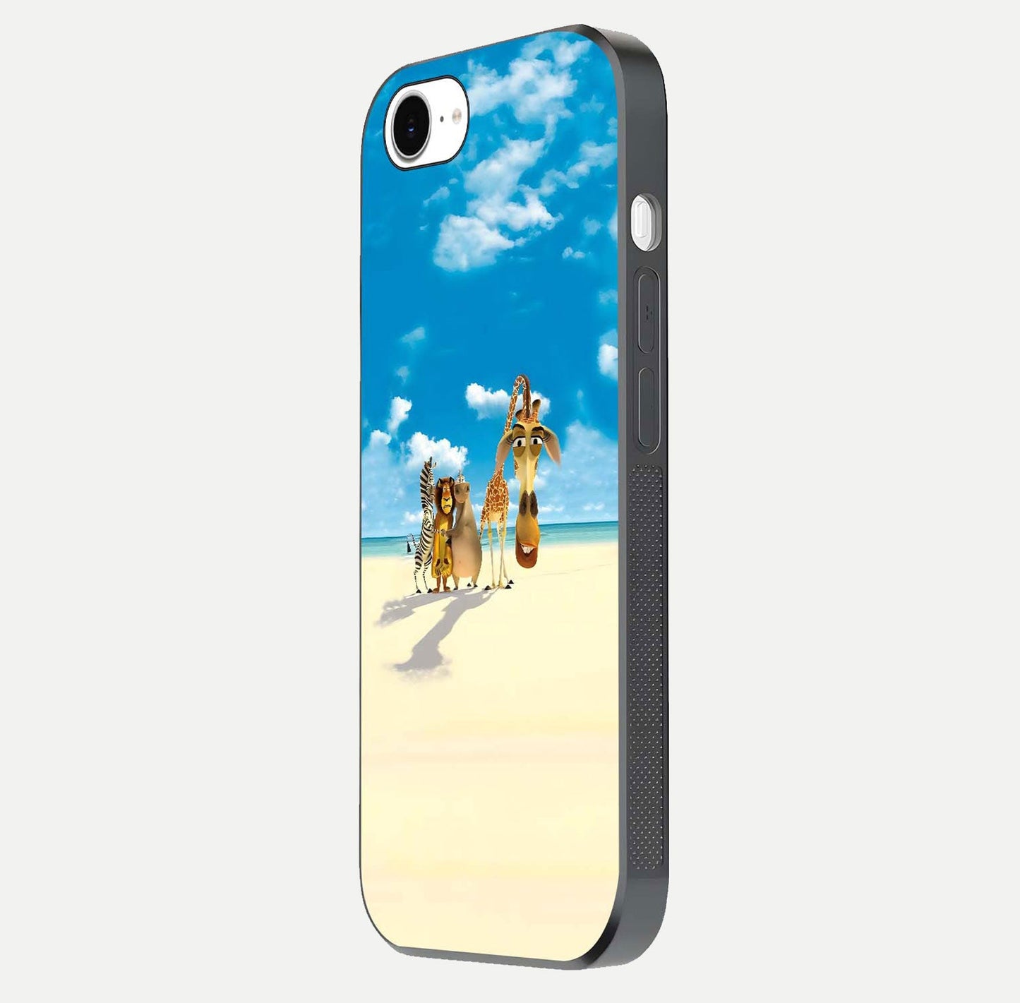 Tropical Fun Squad Glass Case for iPhone 16e side-angle image showing shine, color depth, and surface gloss