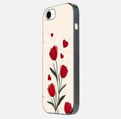 Tulip With Heart Glass Case for iPhone 16e side-angle image showing floral reflection and subtle gradient
