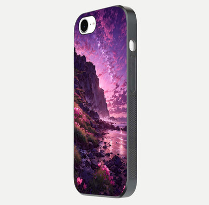 Twilight Blossom Coast Glass Case for iPhone 16e side-angle image showing shine, reflection, and petal tone