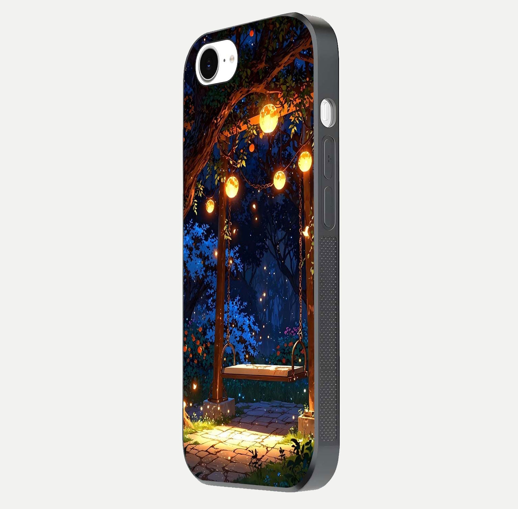 Twilight Garden Swing Glass Case for iPhone 16e side-angle image showing reflection, gloss, and scenic depth