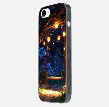 Twilight Garden Swing Glass Case for iPhone 16e side-angle image showing reflection, gloss, and scenic depth