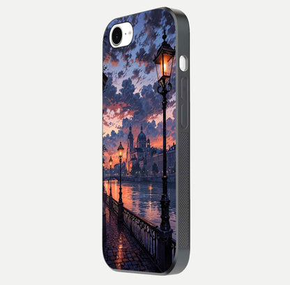 Twilight River Lights Glass Case for iPhone 16e side-angle image showing reflections, lighting, and gradient tones