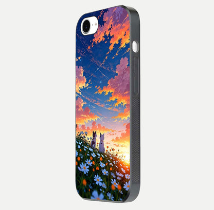 Two Cats Friends Glass Case for iPhone 16e side-angle image showing reflection, gloss, and color depth