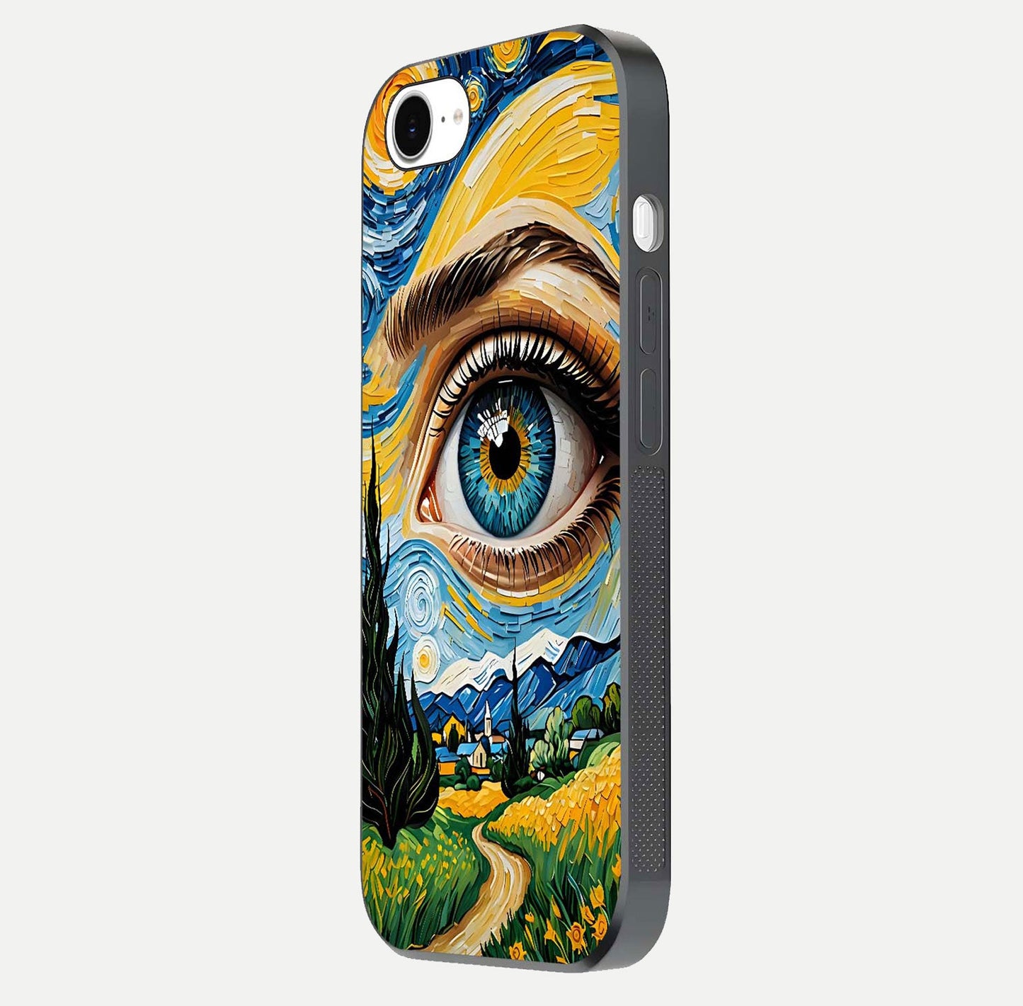 Van Gogh Eye Glass Case for iPhone 16e side-angle image showing reflection, gloss, and artistic contrast