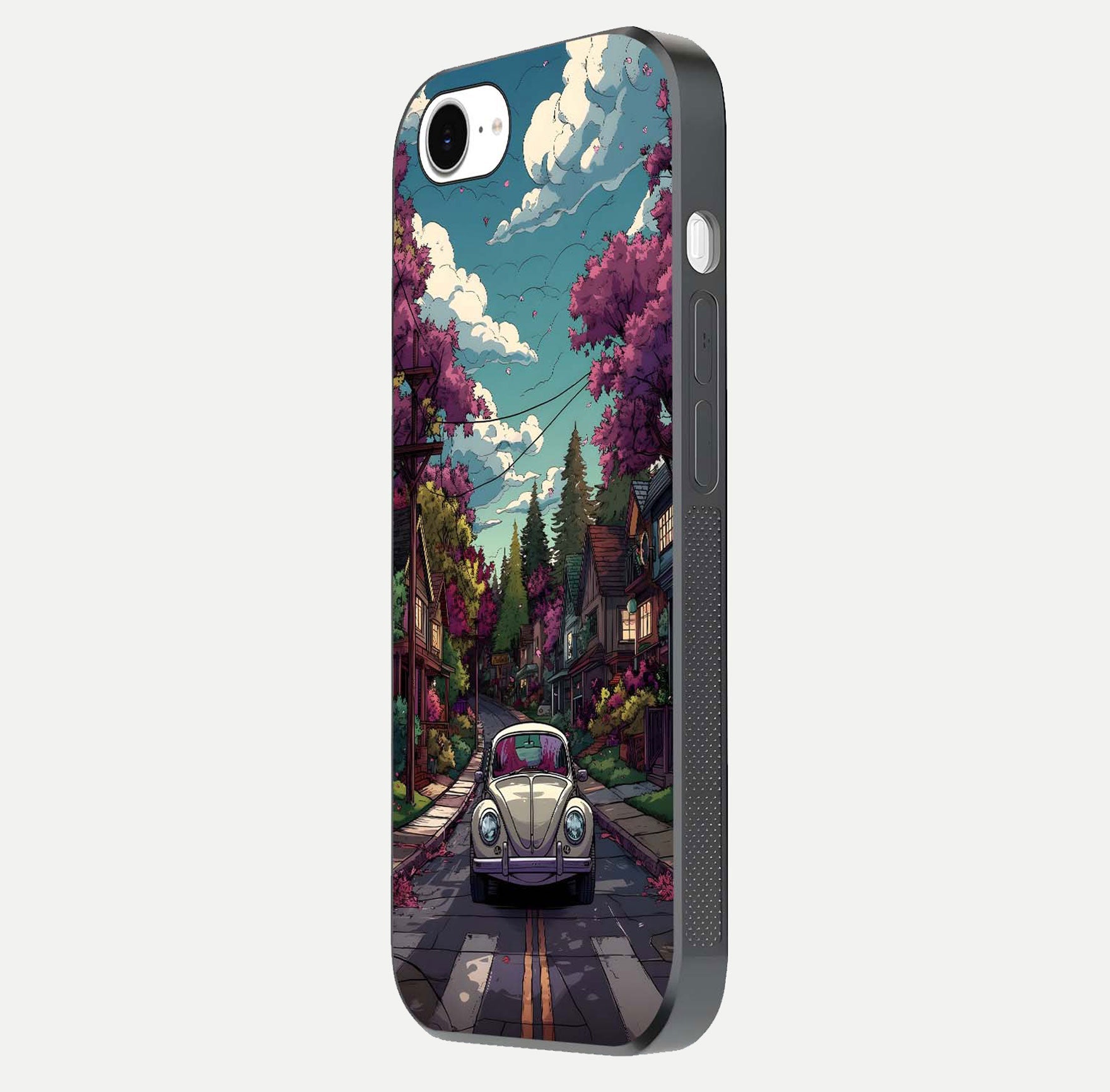 Vintage Street Drive Glass Case for iPhone 16e side-angle image showing gloss reflection and design detail