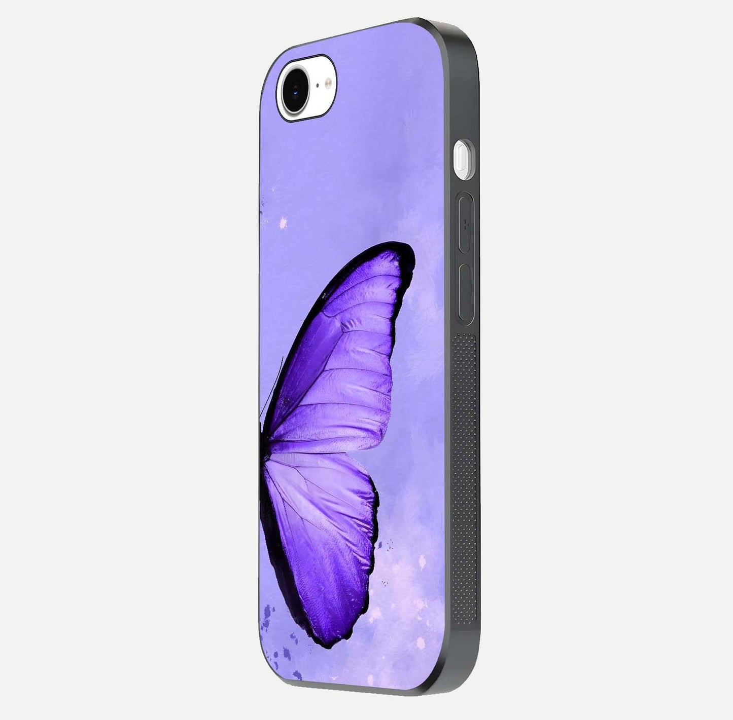 Violet Dream Wing Glass Case for iPhone 16e side-angle image showing gloss, shine, and violet gradient