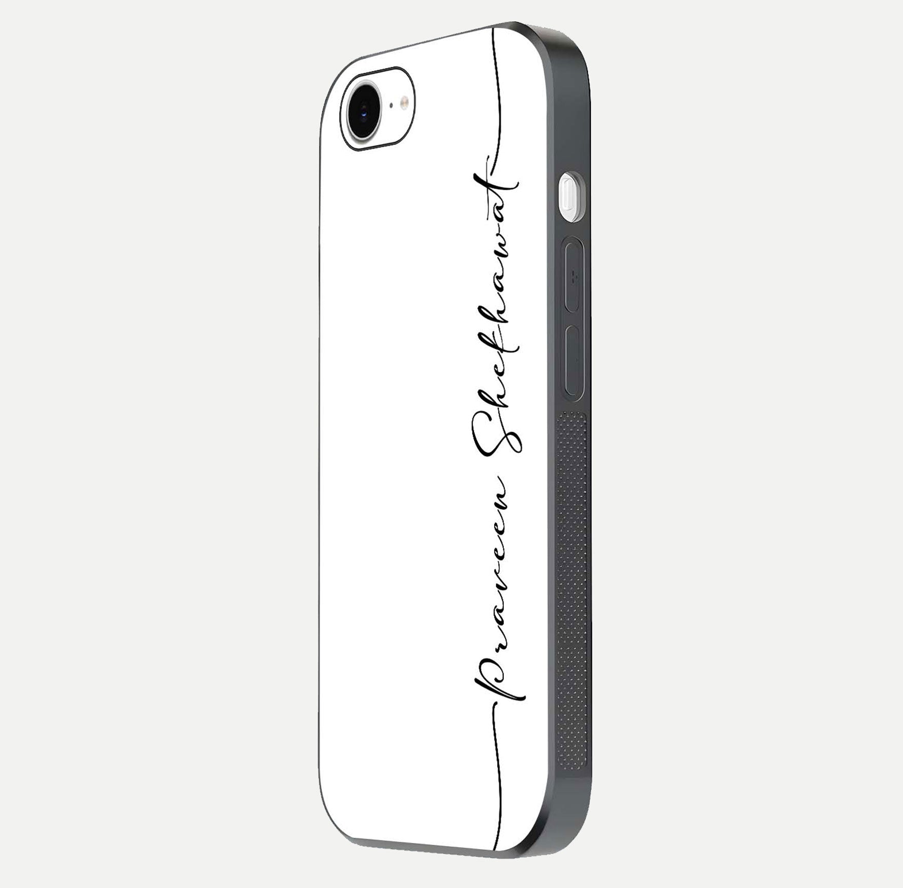 White Tune Custom Name Glass Case for iPhone 16e side-angle image showing shine, gloss, and minimal tone