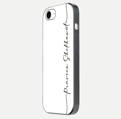 White Tune Custom Name Glass Case for iPhone 16e side-angle image showing shine, gloss, and minimal tone