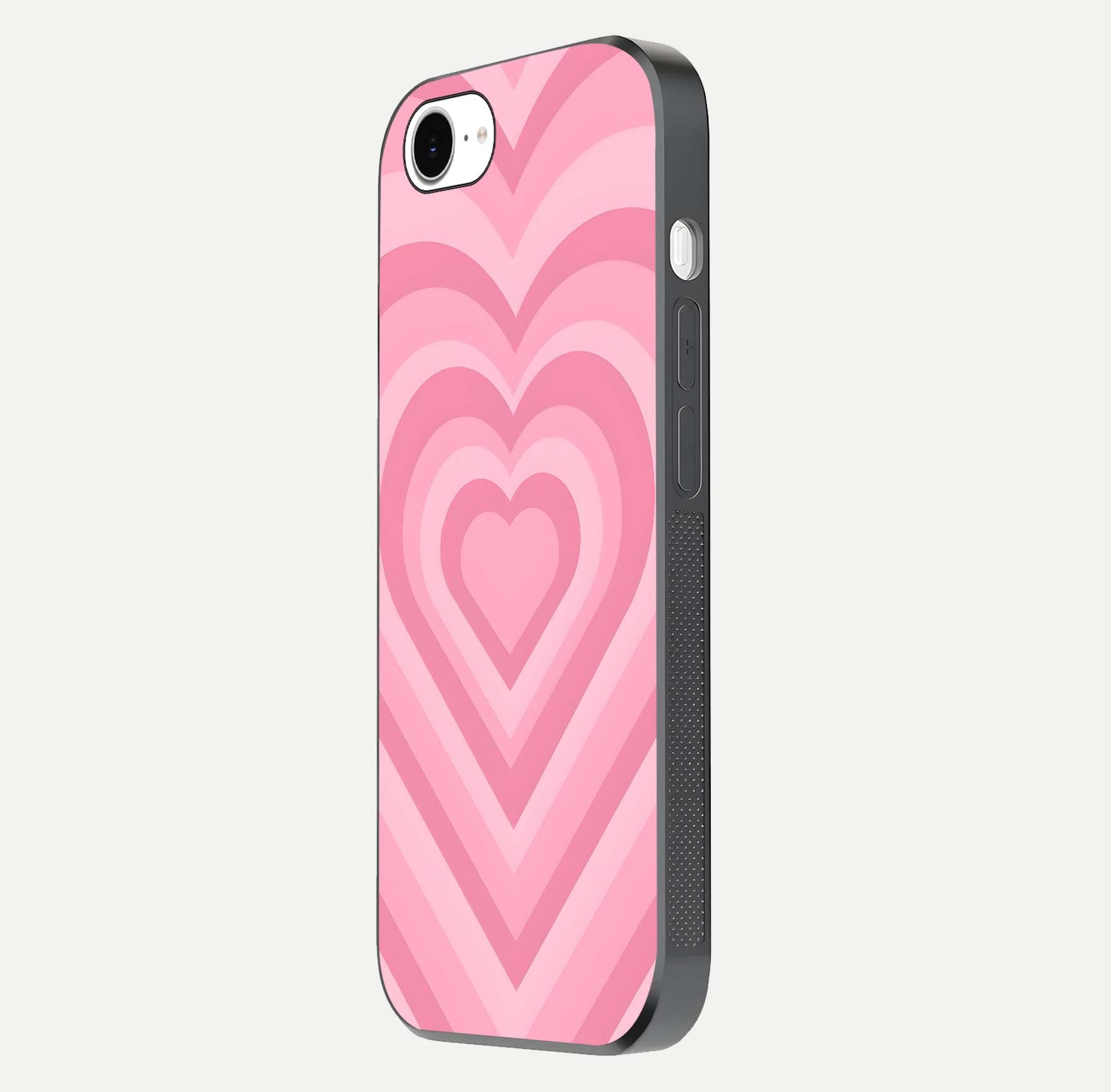 Blush Heart Waves iPhone 16e glass phone case side profile view focusing on smooth edges and elegant wrap