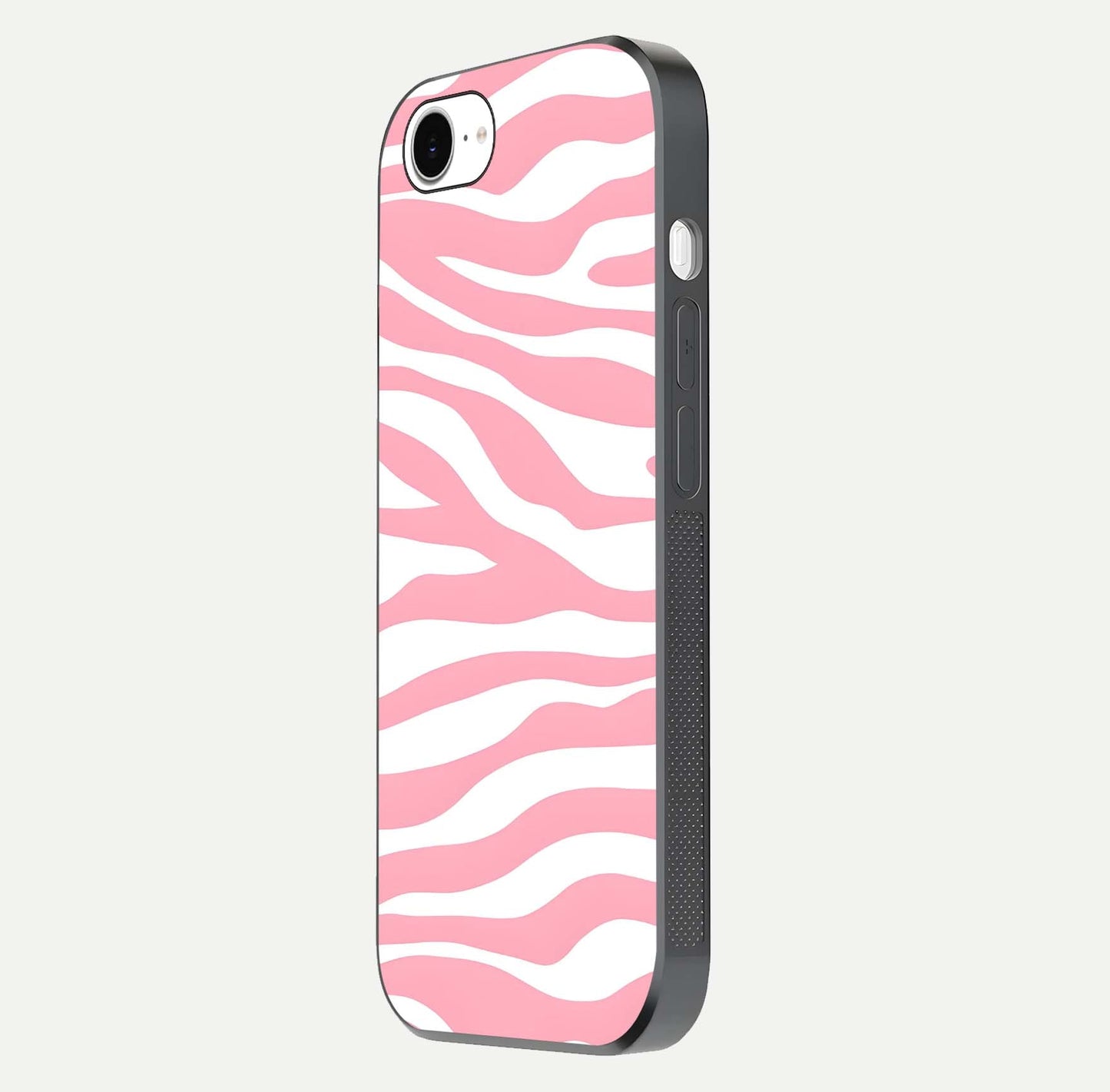Blush Zebra Flow iPhone 16e glass phone case side profile view focusing on sleek frame and seamless wrap