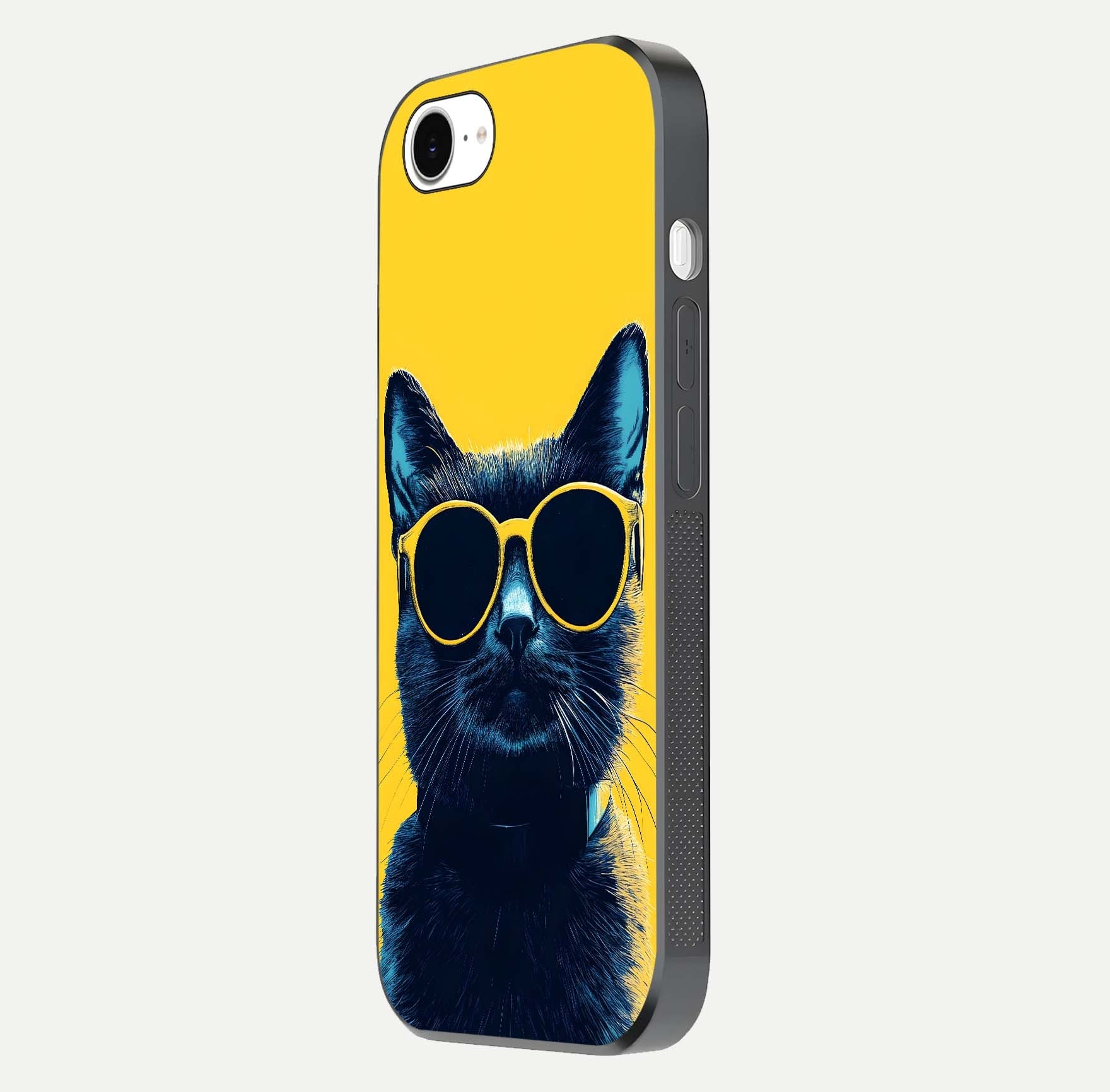 Cool Cat Vibes iPhone 16e glass phone case side profile view focusing on sleek edges and seamless wrap