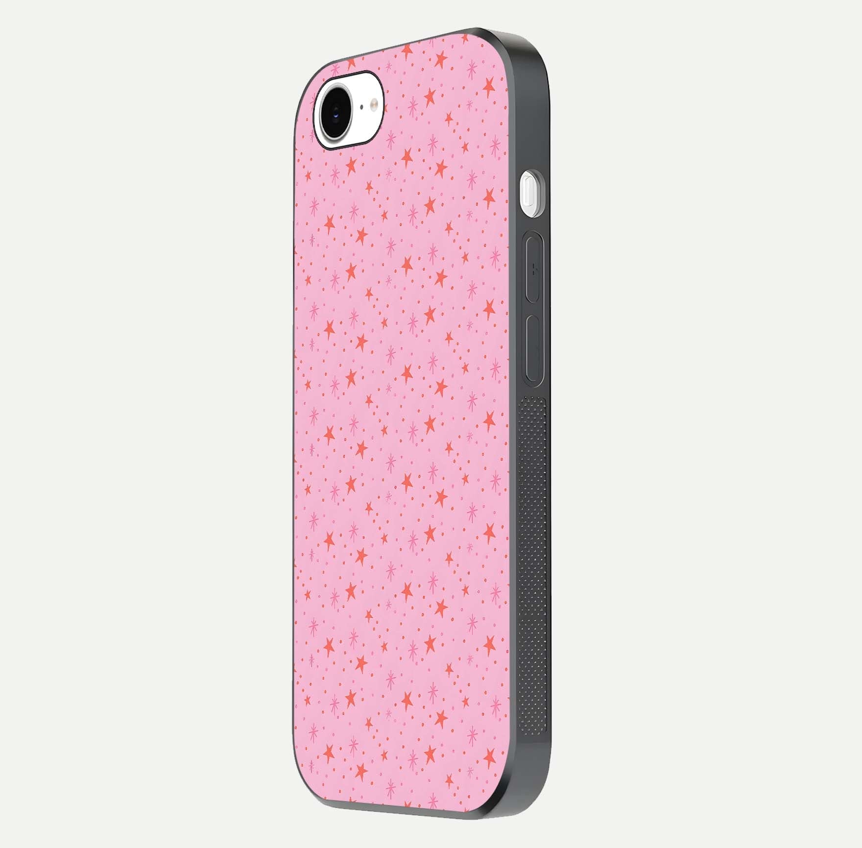 Cosmic Pink Sparkle iPhone 16e glass phone case side profile view focusing on sleek edges and seamless wrap