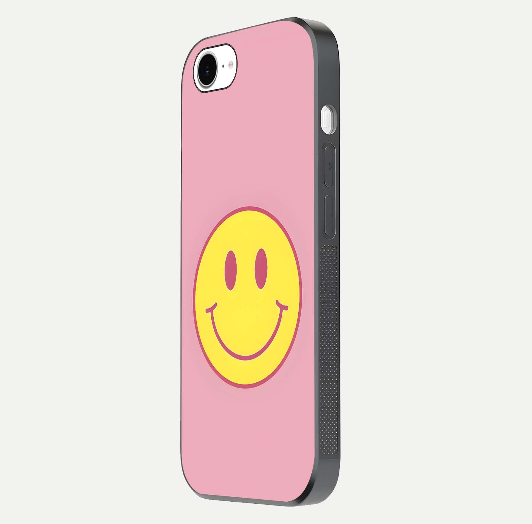 Happy Pink Mood iPhone 16e glass phone case side profile view focusing on smooth frame and clean wrap