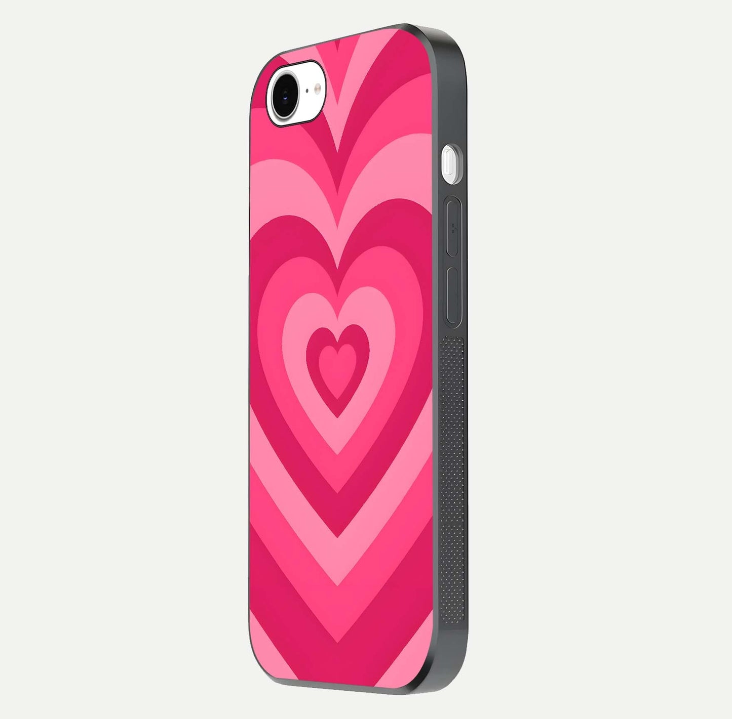 Layered Love Hearts iPhone 16e glass phone case side profile view focusing on sleek edges and seamless wrap