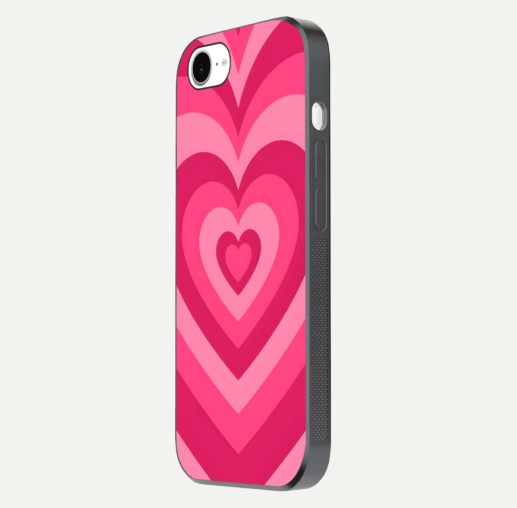 Layered Love Hearts iPhone 16e glass phone case side profile view focusing on sleek edges and seamless wrap