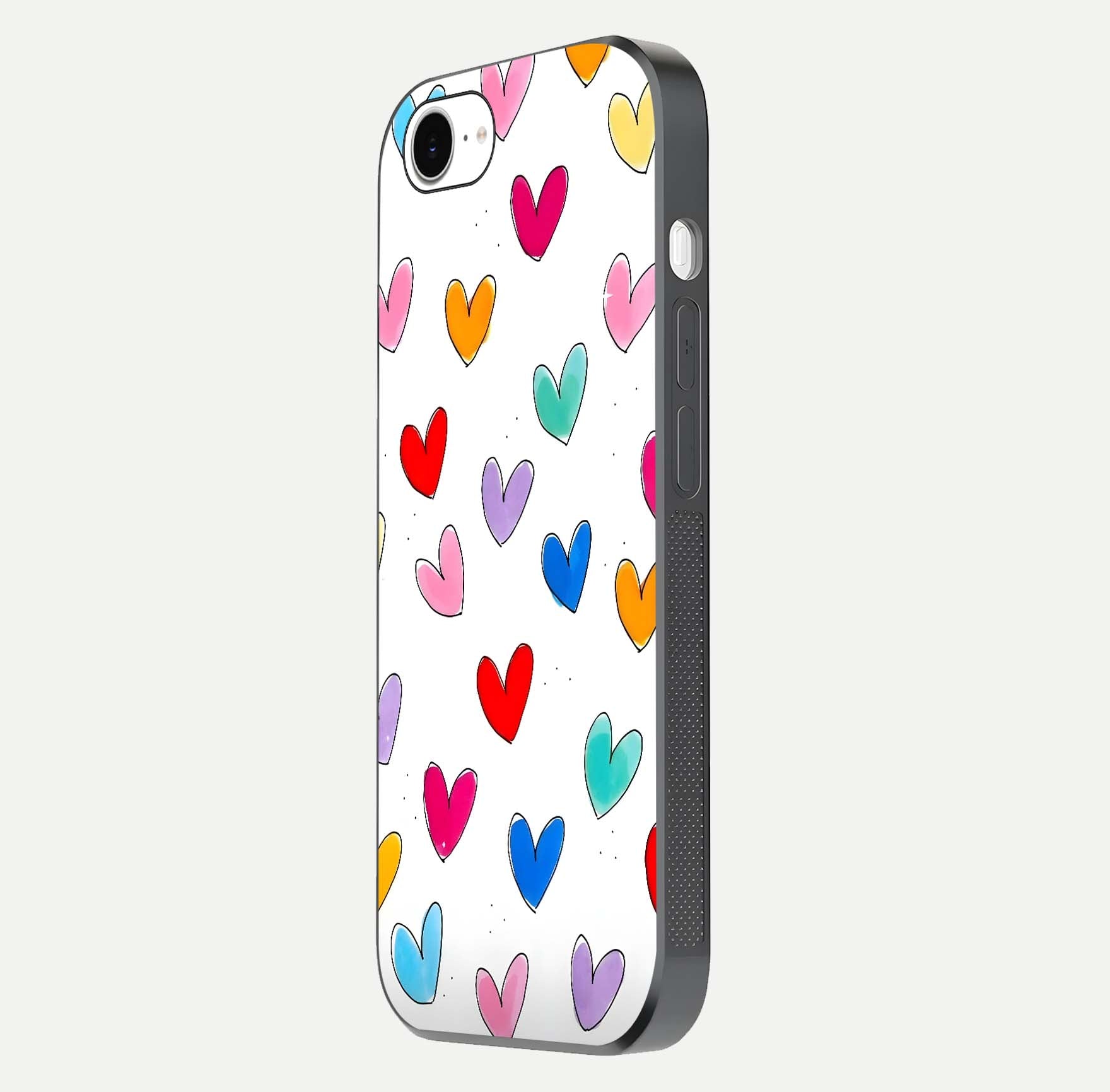Playful Love Doodles iPhone 16e glass phone case side profile view focusing on smooth frame and seamless wrap
