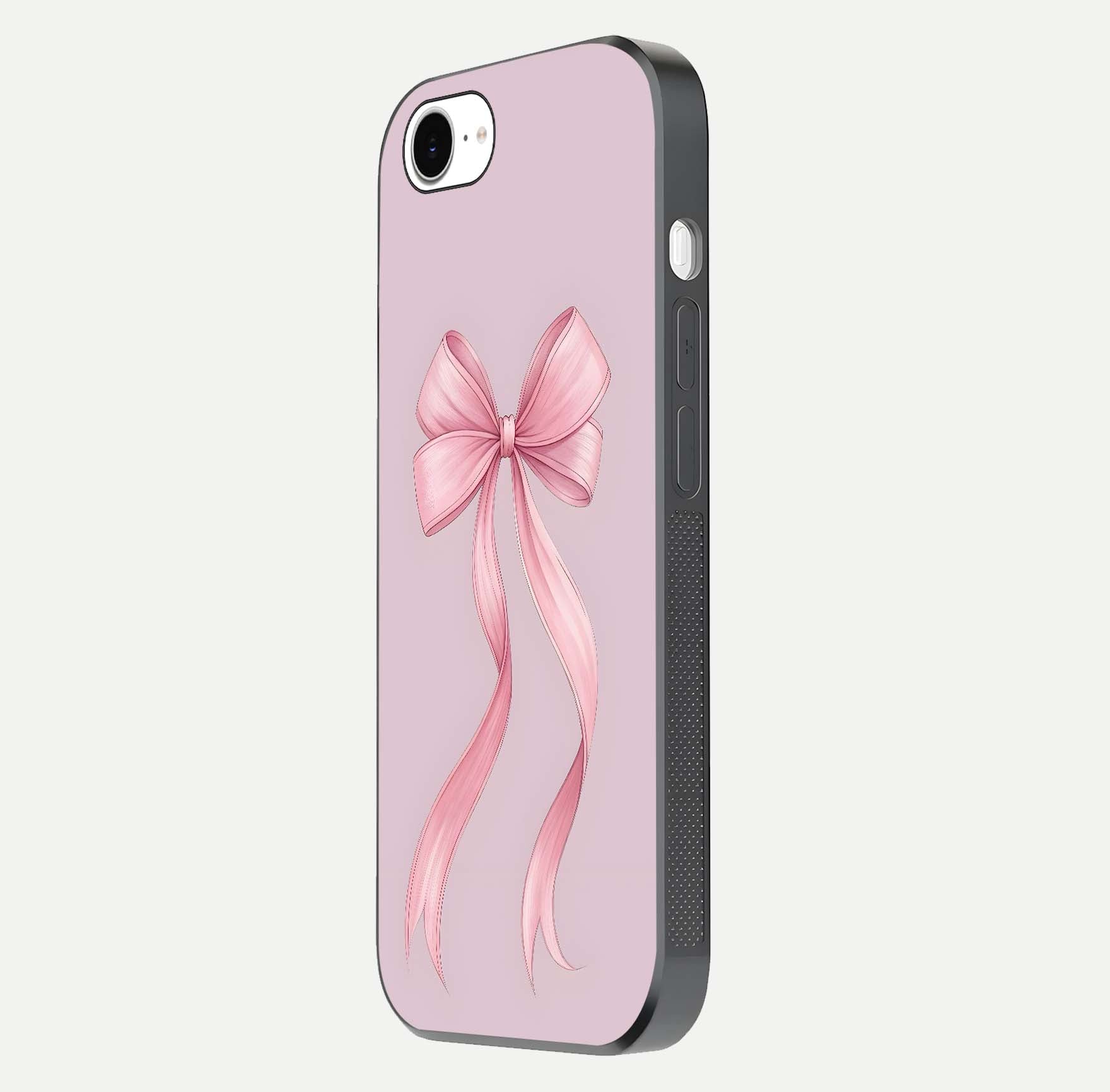 Soft Blush Bow iPhone 16e glass phone case side profile view focusing on sleek edges and seamless wrap