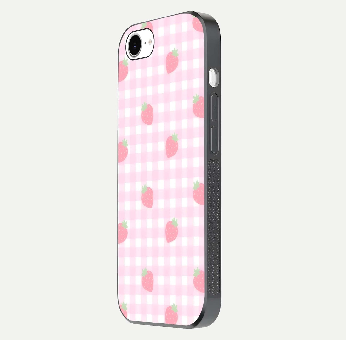Strawberry Picnic Love iPhone 16e glass phone case side profile view focusing on smooth frame and seamless wrap