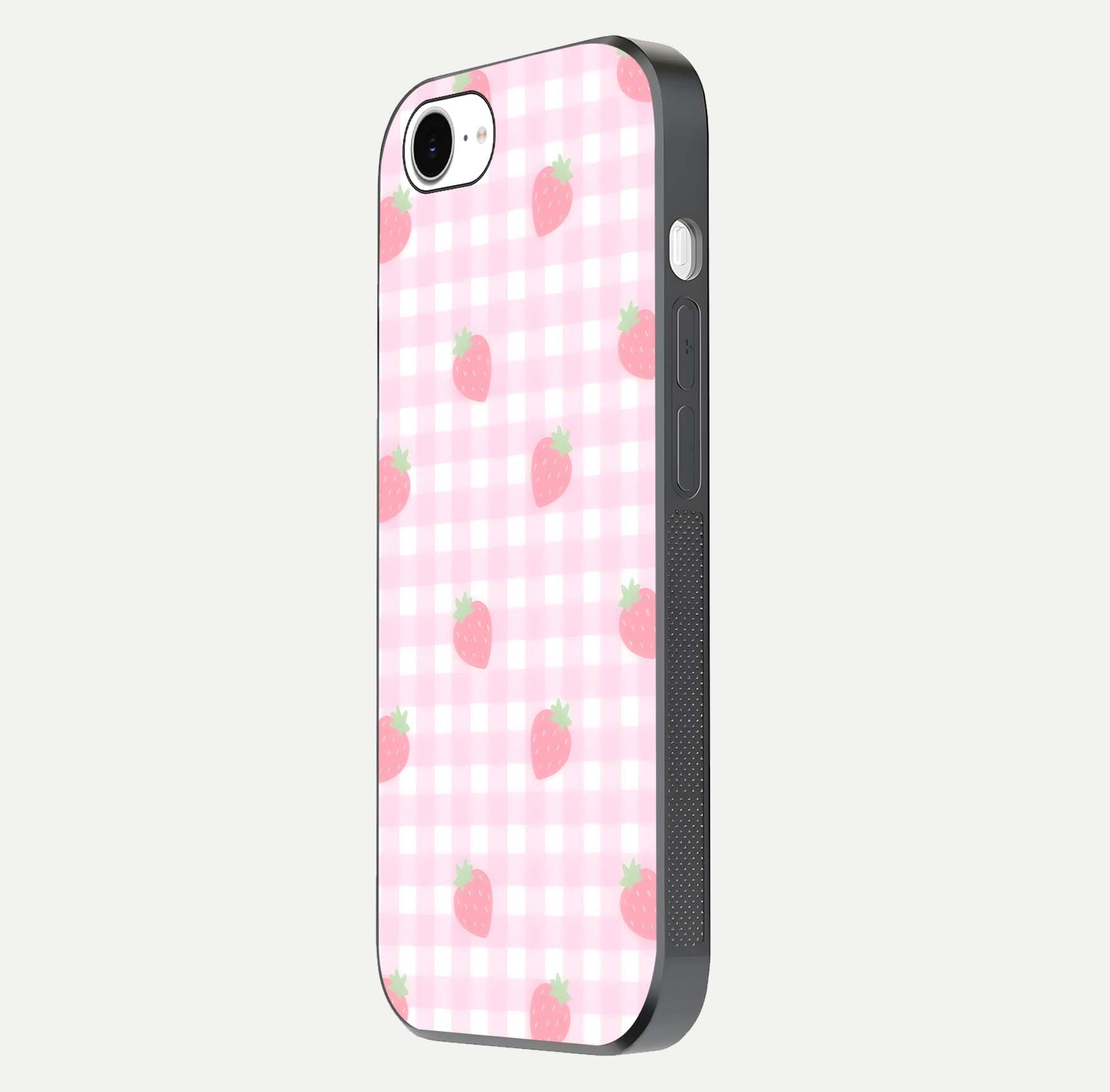 Strawberry Picnic Love iPhone 16e glass phone case side profile view focusing on smooth frame and seamless wrap