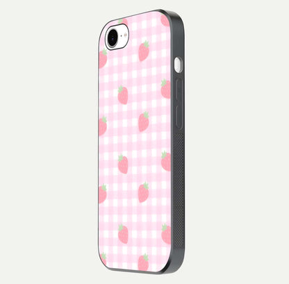 Strawberry Picnic Love iPhone 16e glass phone case side profile view focusing on smooth frame and seamless wrap