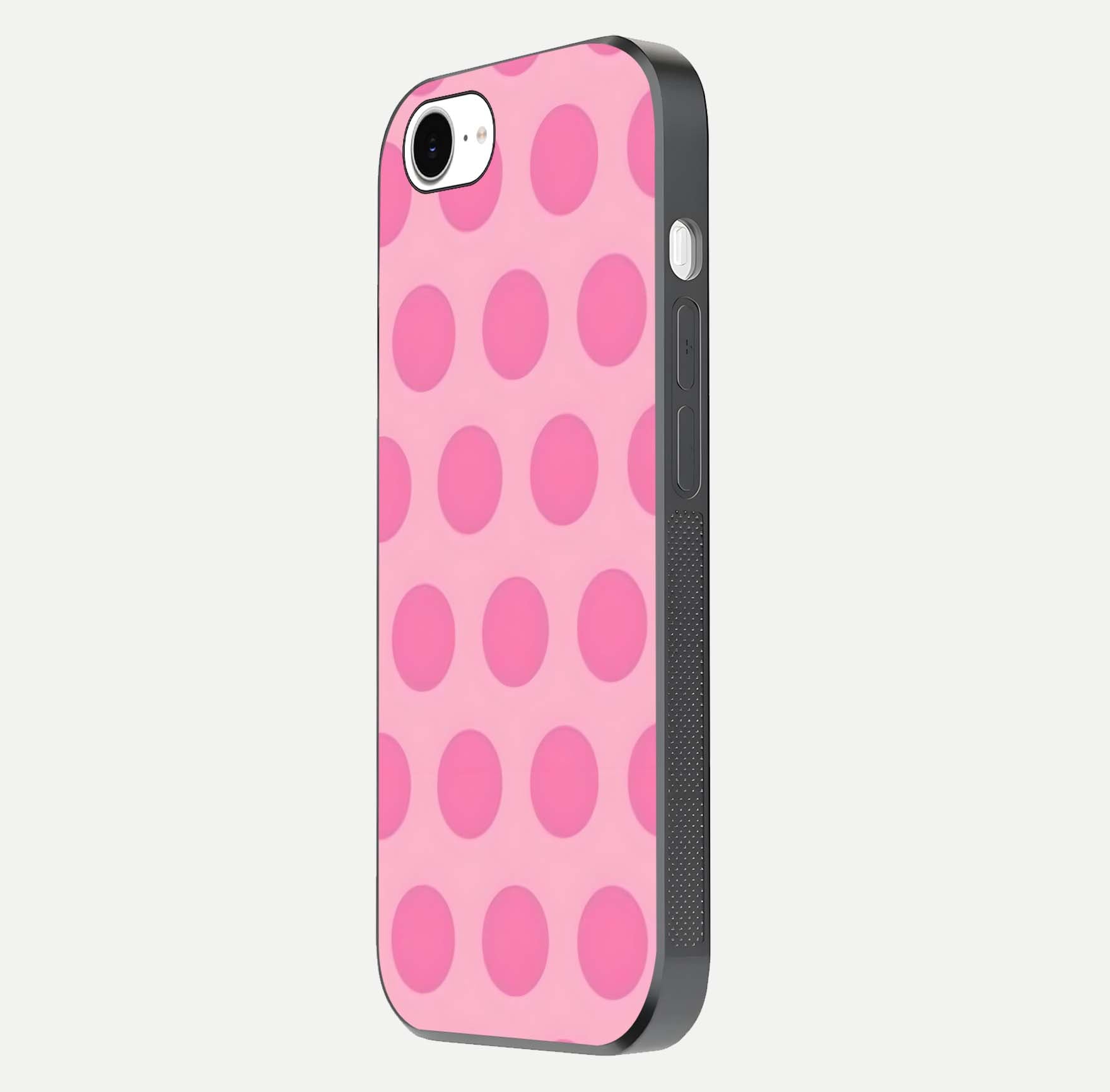 Sweet Dot Dreams iPhone 16e glass phone case side profile view focusing on sleek edges and seamless wrap
