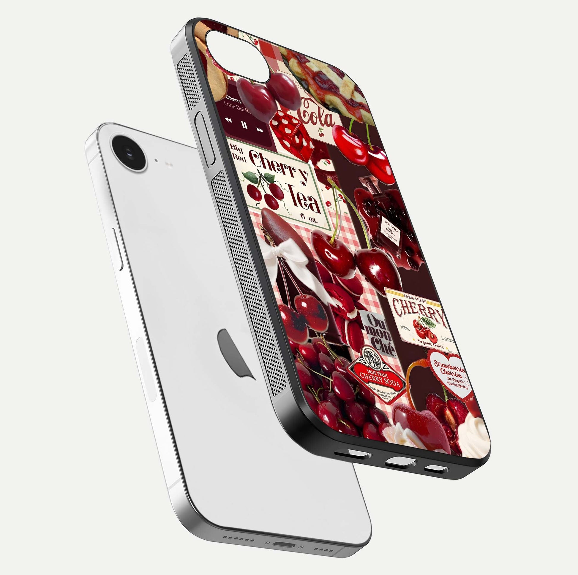 Aesthetic Cherry Tea Glass Case for iPhone 16e floating dual-view mockup showing edge design and detailed cherry pattern gloss texture