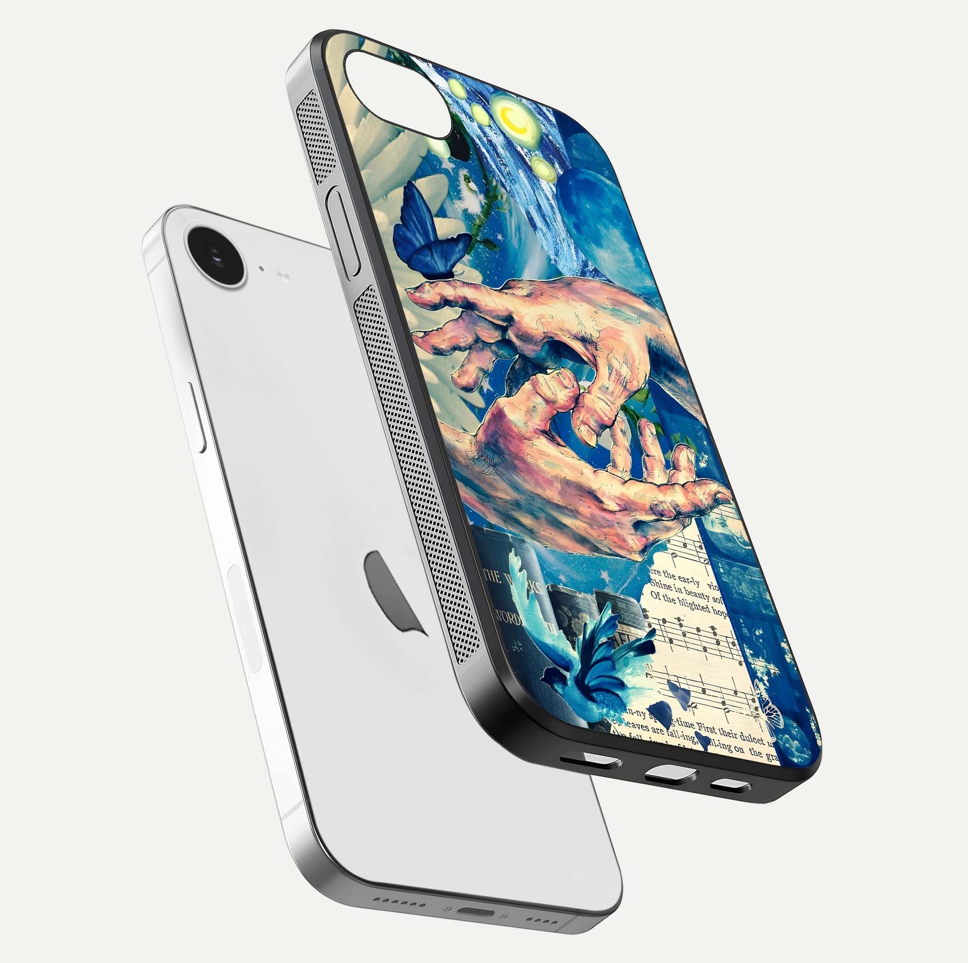 Aesthetic Divider Glass Case for iPhone 16e floating dual-view mockup showing edge design and detailed divider gloss texture