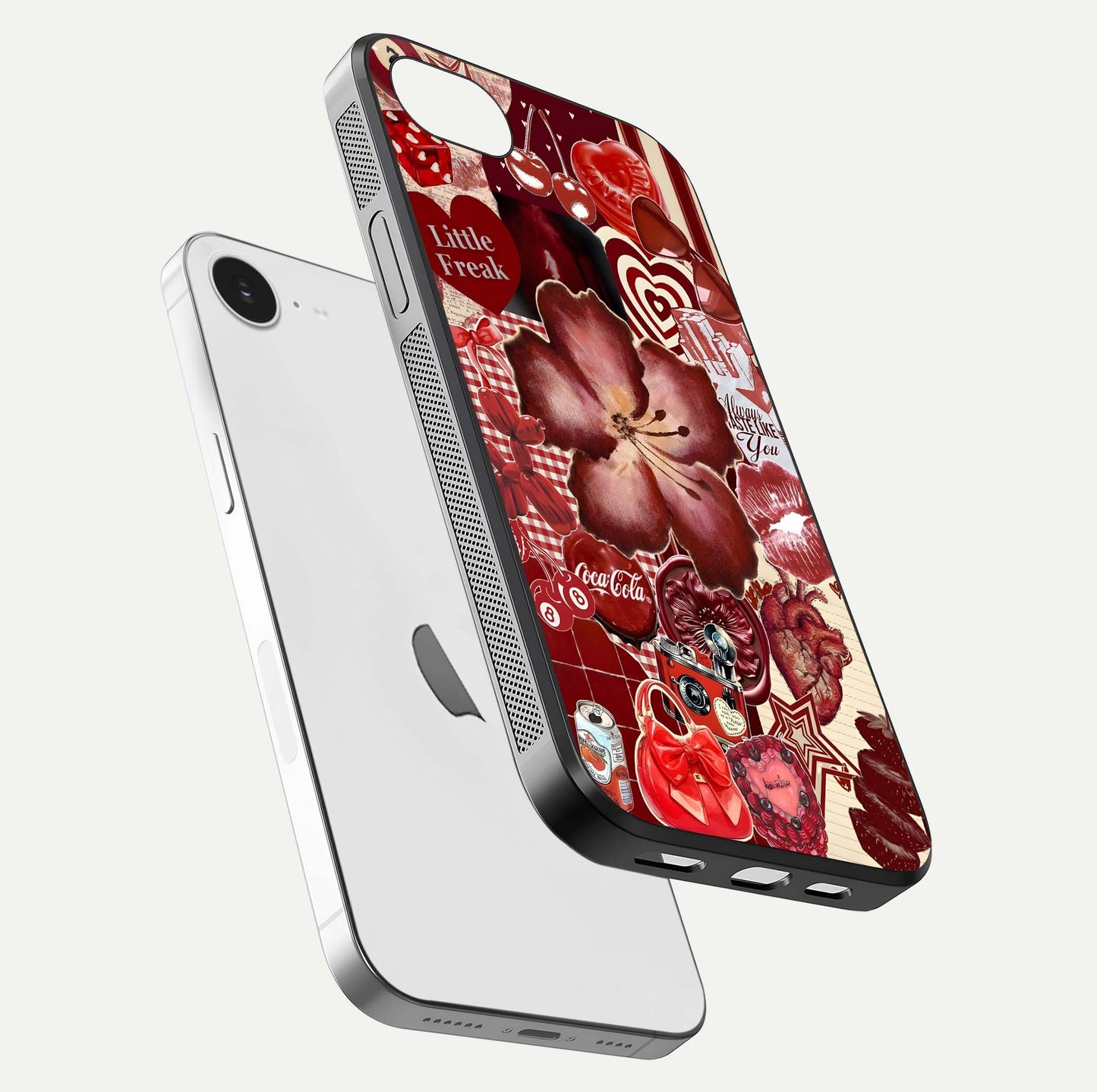 Aesthetic Little Freak Glass Case for iPhone 16e floating dual-view mockup showing edge design and detailed collage gloss texture