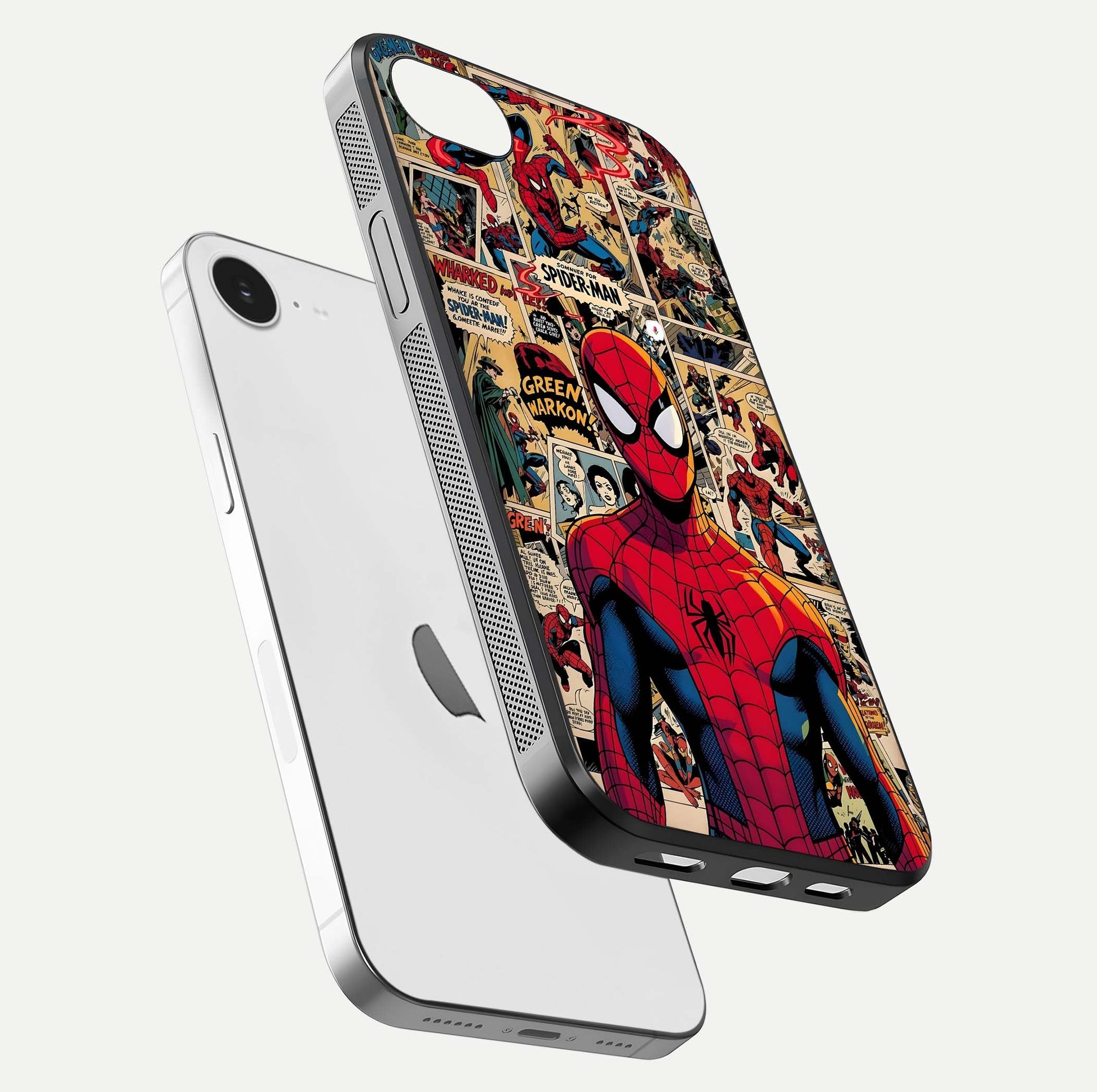 Aesthetic Spider Man Glass Case for iPhone 16e floating dual-view mockup showing edge design and detailed Spider-Man gloss texture