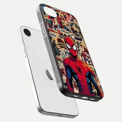 Aesthetic Spider Man Glass Case for iPhone 16e floating dual-view mockup showing edge design and detailed Spider-Man gloss texture