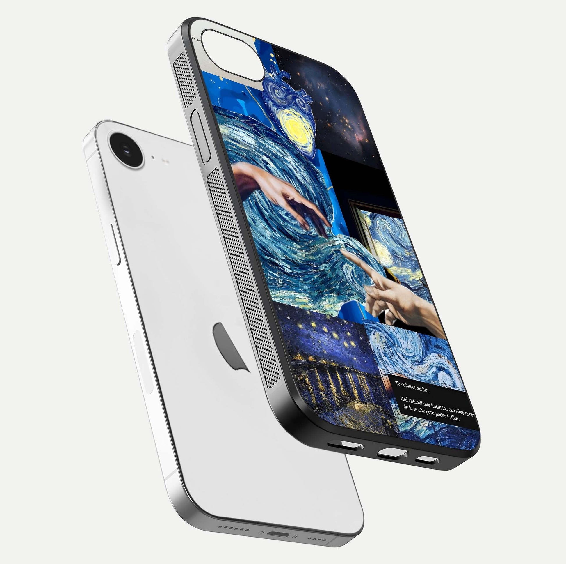 Aesthetic Vando Hands Glass Case for iPhone 16e floating dual-view mockup showing slim edge profile and high-definition gloss