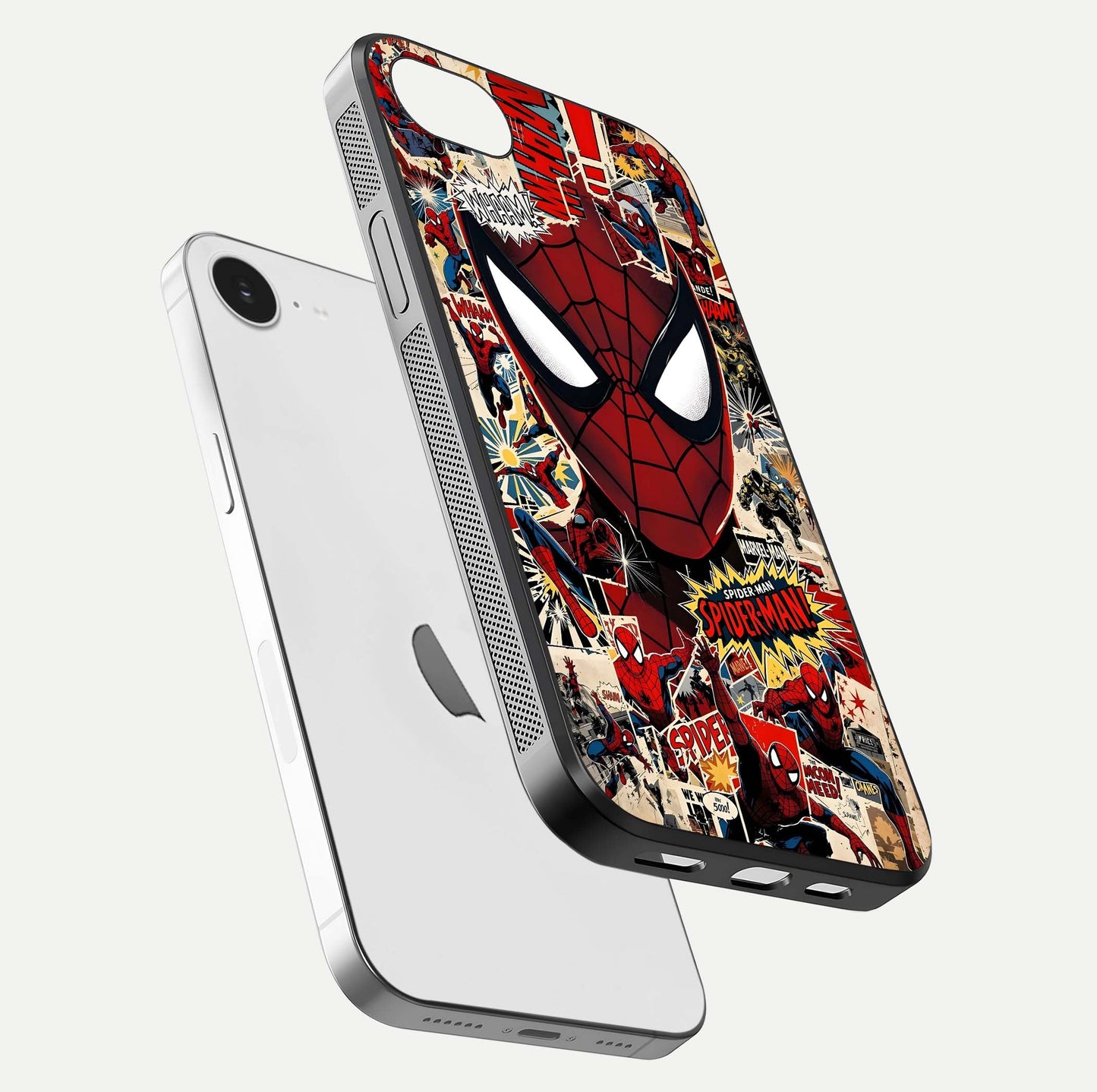 Aesthetic Wonder Spider Glass Case for iPhone 16e floating mockup emphasizing superhero art and glossy reflection
