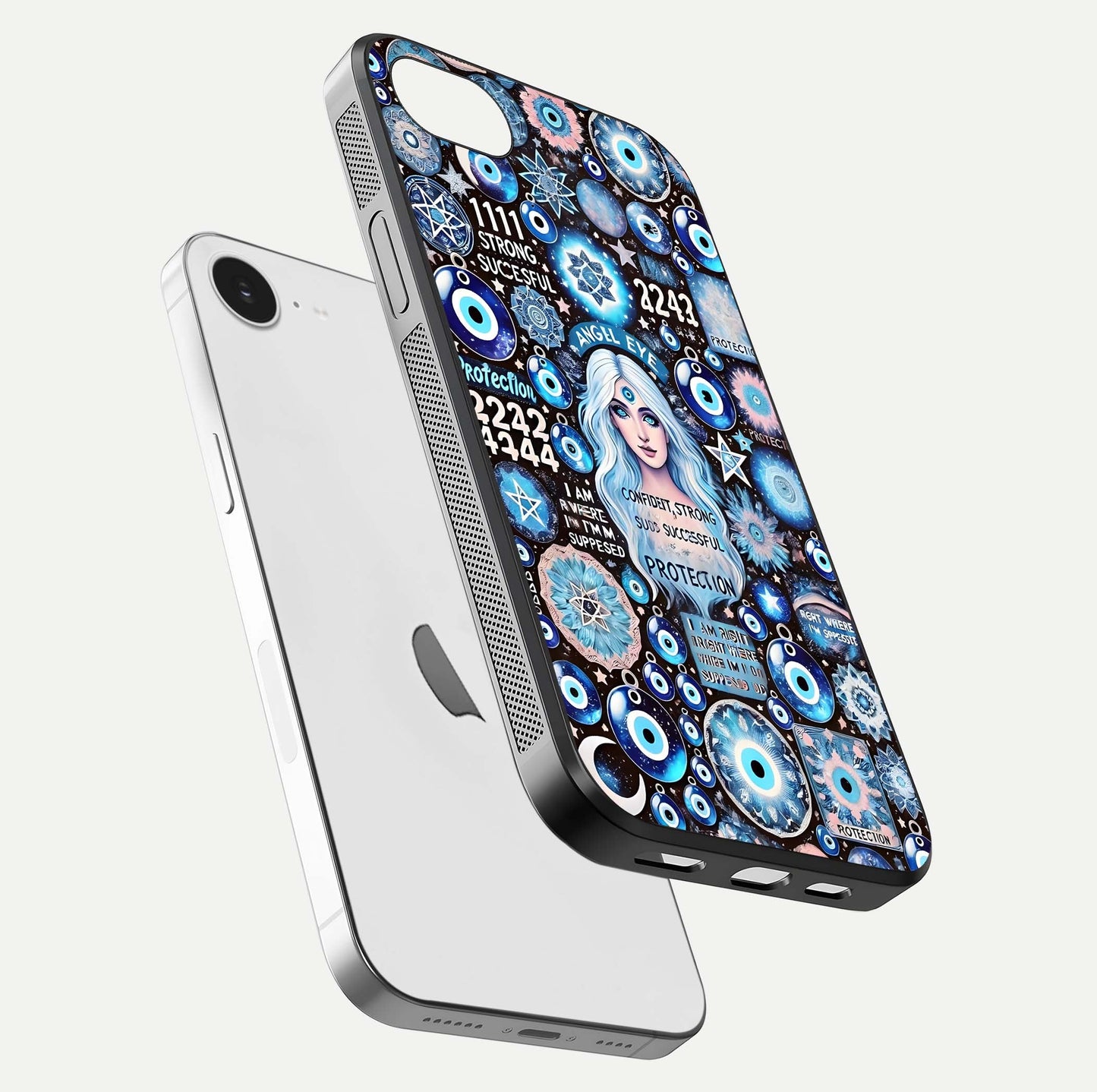 Angel Aura Shield Glass Case for iPhone 16e floating angle showing light reflection and protective edge structure