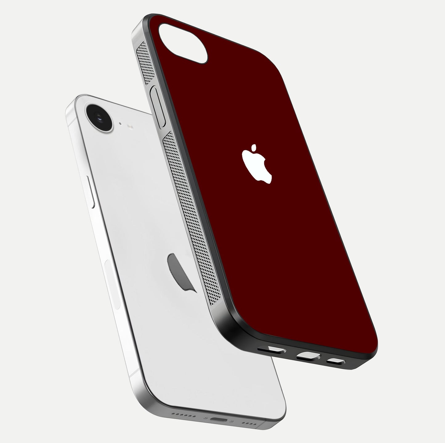 Apple Crimson Core Glass Case for iPhone 16e floating mockup with red-gloss effect and metallic Apple design