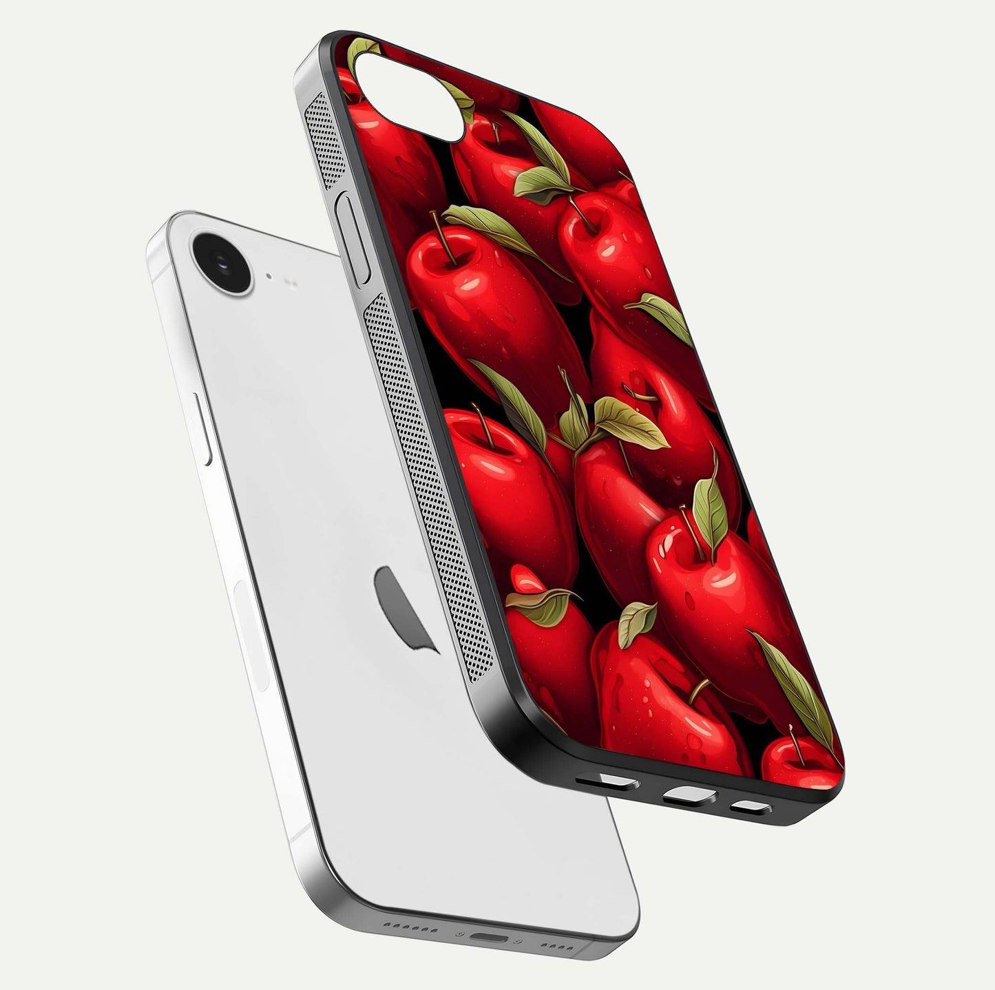 Apple Pattern Glass Case for iPhone 16e floating mockup with smooth edge detailing and pattern clarity
