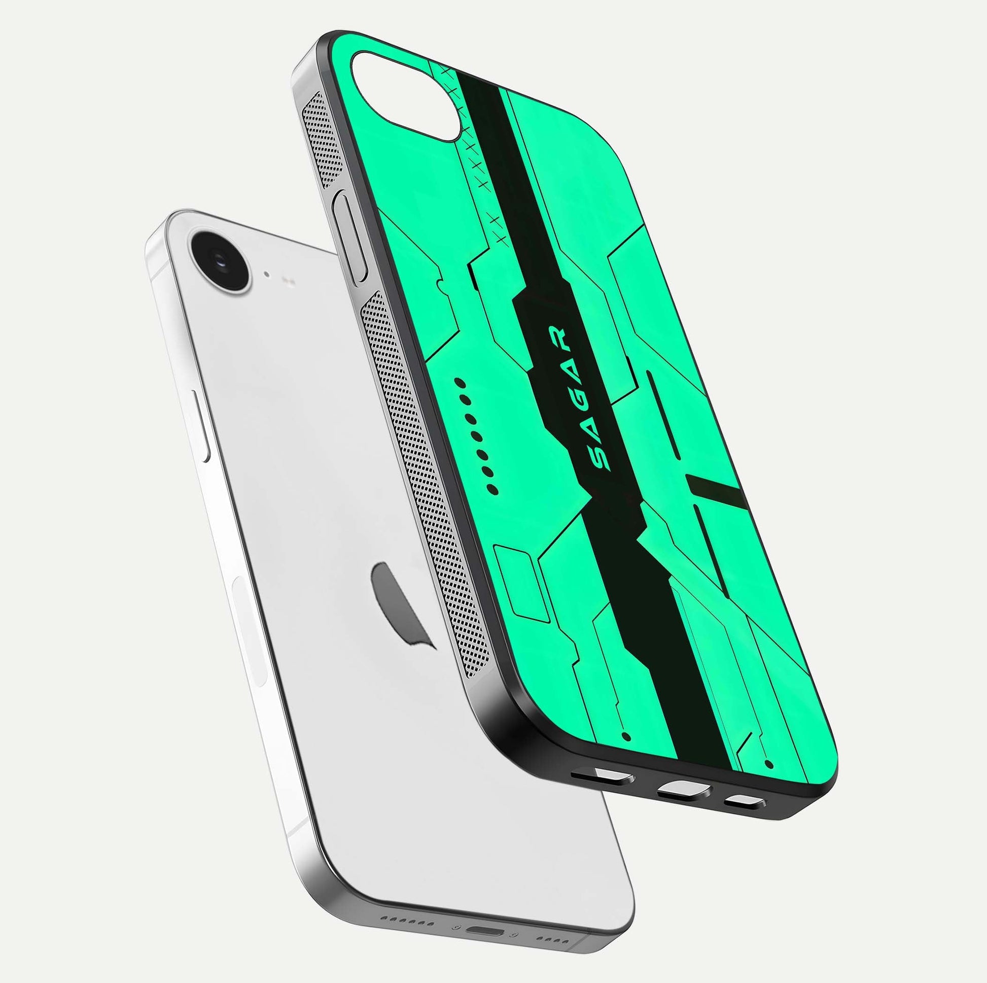 Aqua Tech CYBERPUNK Custom Name Glass Case for iPhone 16e floating mockup highlighting name customization area